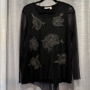 LOGO Lavish Embroidered Mesh Top with Slub Knit Tank Sz L Black Floral A286973